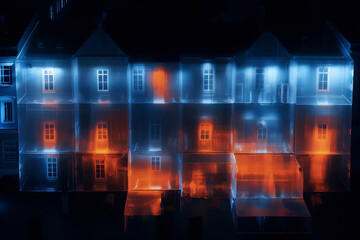3D illustration of a model house with glowing blue and orange windows at night