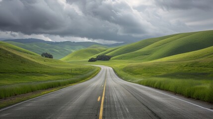 Fototapeta na wymiar green grass on each side of highway, rolling hills in front with clouds, towards paso robles 
