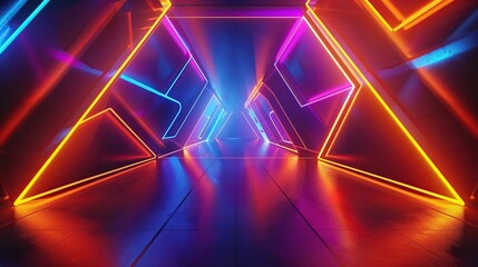 Abstract sport background adorned with neon-lit geometric shapes in bold shades of fluorescent orange, electric blue, and neon yellow. Futuristic athletic ambiance.
