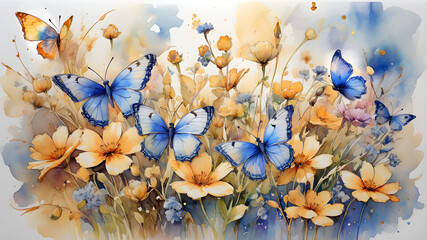 colorful butterflies flying in a flowering meadow painted with watercolors