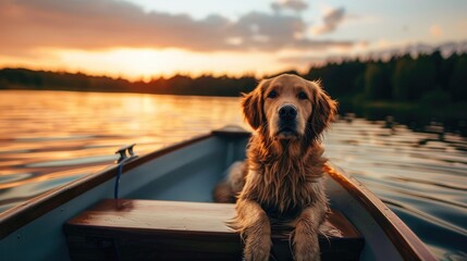 Photo of a golden retriever dog in a boat on the lake against the background of a beautiful sunset