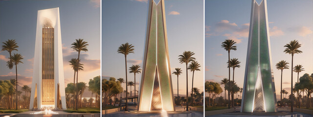 Futuristic obelisk with intricate geometric patterns and a golden glow at sunset.