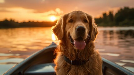 Photo of a golden retriever dog in a boat on the lake against the background of a beautiful sunset