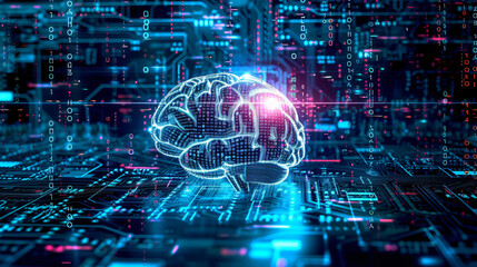 Fototapeta premium The cloud technology concept, of a blue Digital brain shaped with connect glowing black circuit board, generative ai