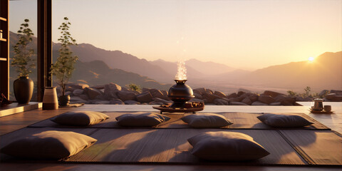 japanese zen garden with a view of a mountain landscape at sunset in warm colors - obrazy, fototapety, plakaty