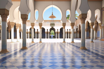 arabic courtyard with intricate geometric patterns and arches in the middle eastern style - obrazy, fototapety, plakaty