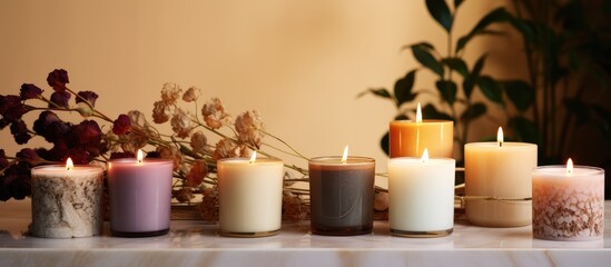 Obraz na płótnie Canvas A line of scented candles, part of a luxury spa collection, illuminating a table. These candles provide organic aromas for relaxation, creating a serene and soothing atmosphere.