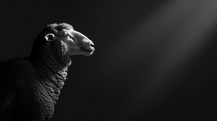 Close-up portrait of a sheep in monochrome style. A domestic animal is looking at something....