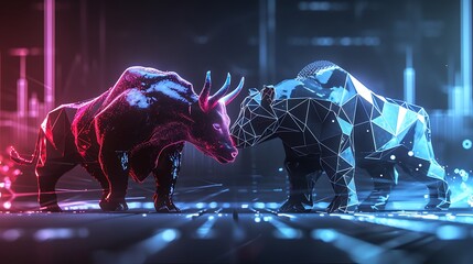 concept of stock market exchange or financial technology, polygon bull and bear with futuristic element - obrazy, fototapety, plakaty