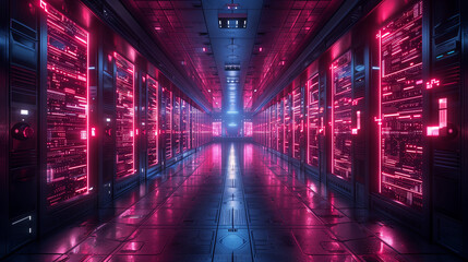 Data center with server racks. Modern telecommunications, Artificial intelligence concept