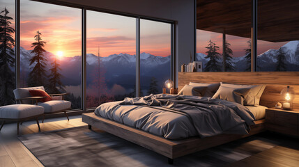 luxury bedroom with glass window view
