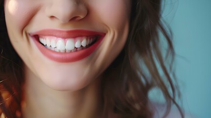 Fototapeta premium Radiant smile close-up with perfect white teeth. joyful expression, dental health concept image. casual, authentic style portraiture. AI