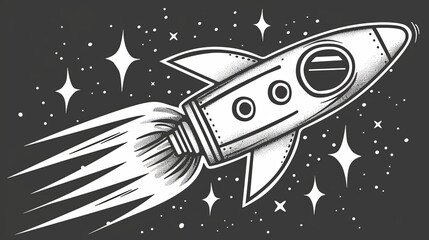 Stencil for children's art. Rocket flight in open space surrounded by stars. Illustration for cover, card, postcard, interior design, banner, poster, brochure or presentation.