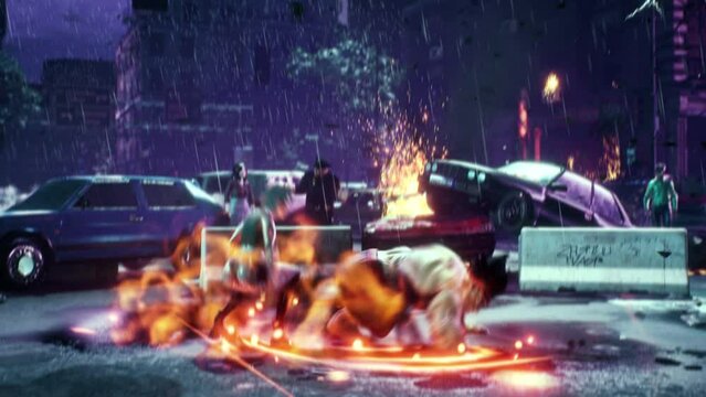 PC player fighting against the online opponent in the multiplayer computer simulator. PC player controlling the fighter in the video game round. PC player losing a close fight to the female enemy hero