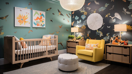 Playful nursery with an intricately wallpapered accent wall, featuring unique patterns that evoke a sense of whimsy and childhood joy