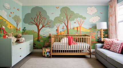Playful nursery with an intricately wallpapered accent wall, featuring unique patterns that evoke a sense of whimsy and childhood joy
