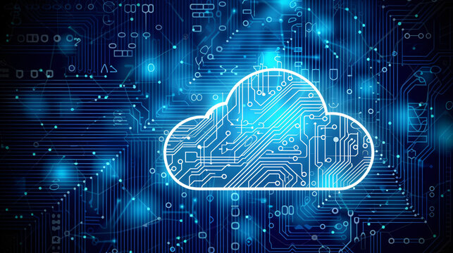 The cloud technology concept, of a digital glowing blue cloud with circuit data on background, data flow, generative ai