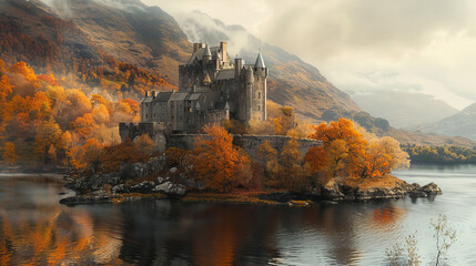 beautiful castle in autumn along the shore of a waterway 