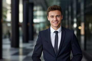 Fototapeta premium Young smiling businessman in suit. Man in work clothes. Rich man. Business boss. Boss of a start-up. European man. American man. AI.