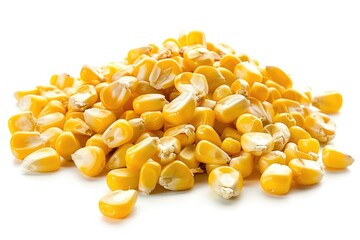 Fototapeta premium Closeup of Isolated Corn Kernels on White Background. Heap of Grain for Fast Food and Vegetarian Meal Concepts