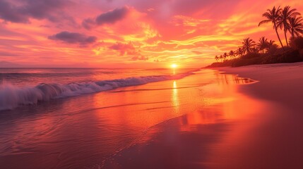 Sunset on Tropical Beach with Vibrant Pink and Orange Sky