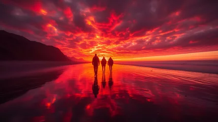 Gordijnen Three People Walking on Beach at Fiery Sunset © Tiz21