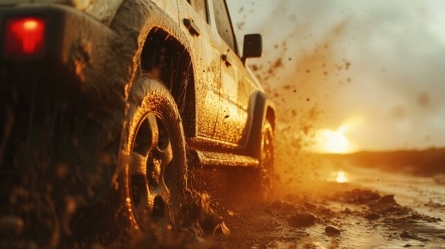 SUV Driving Through Mud at Sunset on Rugged Terrain