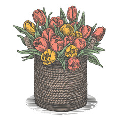 Basket with red and yellow tylips. Color. Engraving style. Vector illustration.