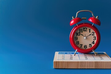 December 31st Time Concept: Red Alarm Clock and Wooden Calendar on Blue Background