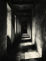 Dark Creepy Hallway. Abandoned Architecture with Long Shadow and Skittish Walls in Black and White Abstract Scene