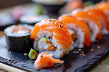 Delectable Sushi Rolls to Satisfy Your Cravings for Japanese Seafood Cuisine. Featuring Salmon, Shrimp, and Various Fish with Savoury Sauces