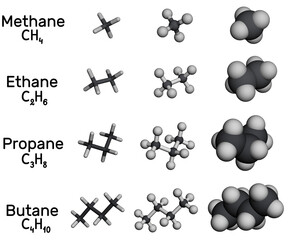 Methane, ethane, propane, butane alkane molecule. Various 3D molecular models on a white background. 3D rendering