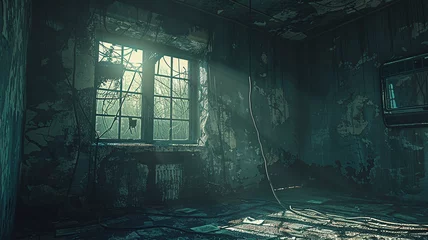 Foto op Canvas Inside old, empty, abandoned factory or warehouse with large windows and deteriorating interior. Background with copy space © Moribuz Studio