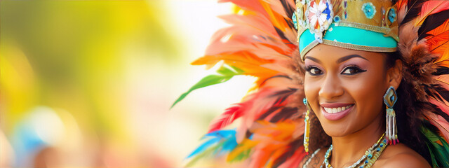 A smiling woman wearing a colorful feathered headdress and traditional caribbean carnival costume with green, blue and orange colors.