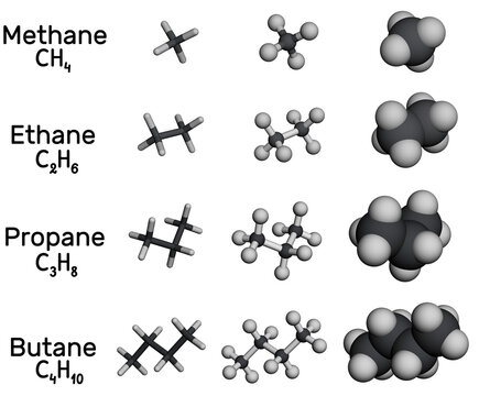 Methane, ethane, propane, butane alkane molecule. Various 3D molecular models on a white background. 3D rendering