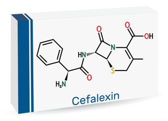 Cefalexin, cephalexin molecule. It is a beta-lactam antibiotic with bactericidal activity. Structural chemical formula and molecule model.
