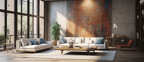 This living room is furnished with various pieces of furniture, including sofas, coffee tables, and chairs. The room is well-lit thanks to the large windows that offer a view outside.