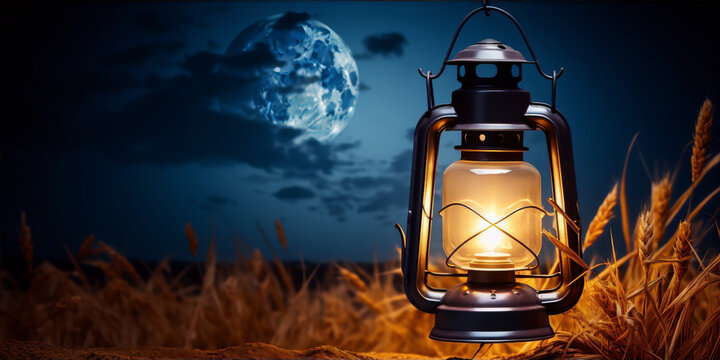 A lantern in a wheat field at night with a full moon in the background.