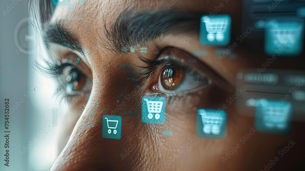 Poster a close-up of a womans eye with various icons superimposed on it, creating a futuristic and tech-sav