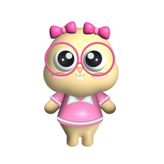 3d simple cute baby cartoon character for kids with glasses in a pink dress and with pink ribbons with transparent background