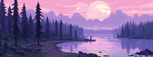 Fantasy landscape with lake and mountains in shades of purple and pink.