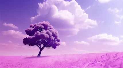 Zelfklevend Fotobehang fantasy landscape painting of a lonely pink tree in a lavender field under a violet sky © zhor