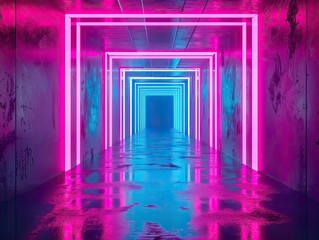 Image capturing the essence of a neon corridor, with lines that glow in ultraviolet light, creating a luminous tunnel-like structure reminiscent of an LED arcade or stage setting. Virtual reality. AI