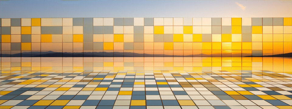 3D rendering, architecture, interior, exterior, sunset, sunrise, reflection, yellow, blue, white, gray, orange, pink, purple, green.