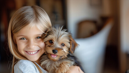 A young girl is holding a small dog. The girl is smiling and the dog is wagging its tail. Concept of happiness and warmth, as the girl and the dog share a special moment together