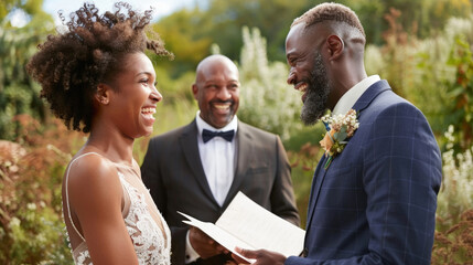 A joyous bride and groom exchange vows with an officiant smiling in the background, surrounded by greenery