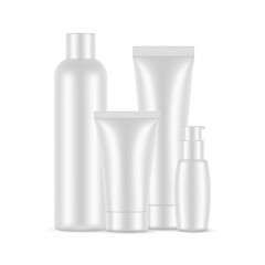 Cosmetic Packaging Set For Beauty And Personal Care, Tube, Pump, Shampoo Bottle, Isolated On White Background. Vector Illustration