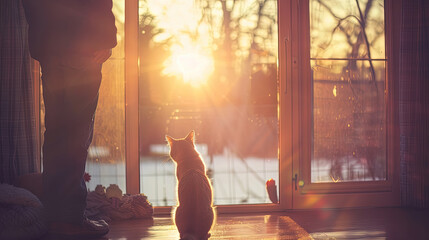 A man and his cat are silhouetted against a vibrant sunset, with the cat sitting by the glass door and the man standing beside it