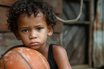 A young boy is holding a basketball and looking sad. Concept of loneliness and sadness - obrazy, fototapety, plakaty