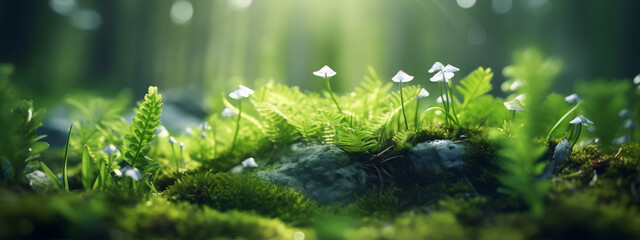 Close-up of green moss and tiny white mushrooms in the forest with a blurred background in the style of realism.